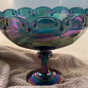 Iridescent Carnival Glass Compote Bowl - Teal-Blue